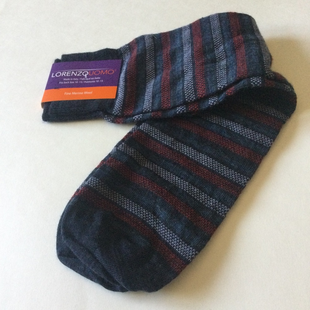 LORENZO UOMO MENS WOOL BLEND SOCKS NAVY RED GRAY STRIPE OS NWT